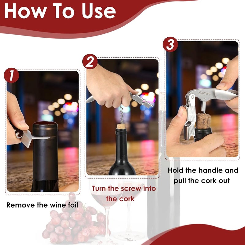 KuuCare Wine Opener Waiter Corkscrew, Premium 420 Stainless Steel Wine Bottle Opener with Foil Cutter & Cap Remover, Double Hinged Manual Wine Key for Bartenders, Servers, Waiters and Home Use, Silver - Image 3